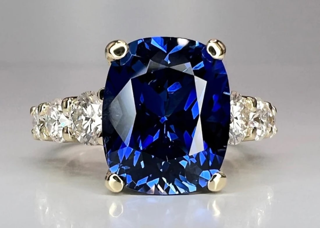 Certified 11.50 Carat long cushion cut Lab Grown Blue Sapphire Engagement Ring 14KT Solid White: Certified 11.50 Carat long cushion cut Lab Grown Blue Sapphire Engagement Ring 14KT Solid White Gold - Ring Size US -6 Side stone 0.70 Ct Lab Grown Diamonds Round VS1 E Color