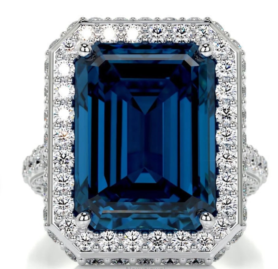 Certified 25 Carat Emerald Cut Lab Grown Blue Sapphire Engagement Ring 14KT Solid White Gold (1 of 3)