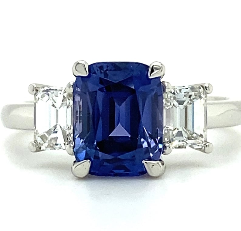Certified 10 Carat Long Cushion Cut Lab Grown Blue Sapphire Ring 14KT Solid White Gold: Certified 10 Carat Long Cushion Cut Lab Grown Blue Sapphire Ring 14KT Solid White Gold - Ring Size US - 6 Side stone 0.80 Ct Lab Grown Diamonds Fancy VS1 E Color