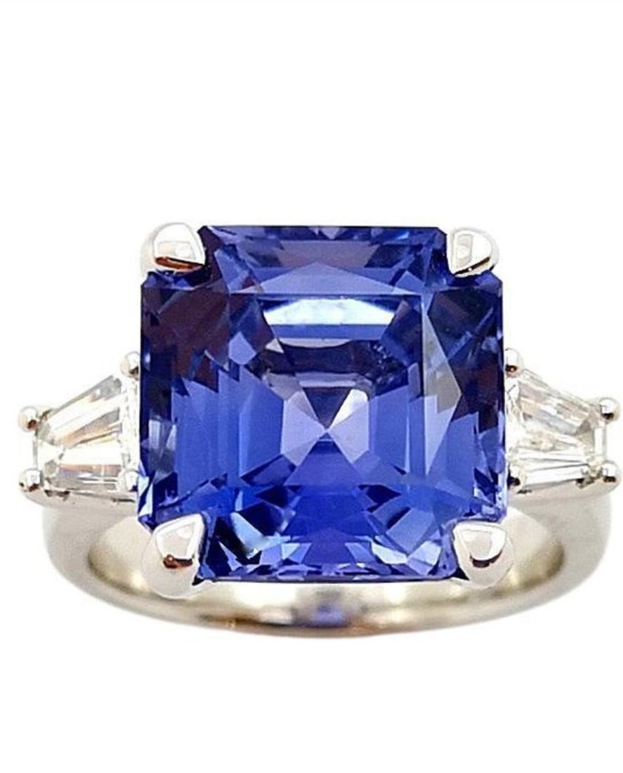 Certified 10 Carat Asscher Cut Lab Grown Blue Sapphire Engagement Ring 14KT Solid White Gold: Certified 10 Carat Asscher Cut Lab Grown Blue Sapphire Engagement Ring 14KT Solid White Gold - Ring Size US 7.5 Side stone 0.50 Ct Lab Grown Diamonds Fancy VS1 E Color