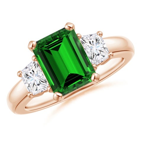 Certified 8 Carat Emerald Cut Lab Grown Green Emerald Engagement Ring 14KT Solid Rose Gold: Certified 8 Carat Emerald Cut Lab Grown Green Emerald Engagement Ring 14KT Solid Rose Gold - Ring Size US 6 Side stone 0.80 Ct Lab Grown Diamonds Fancy VS1 E Color