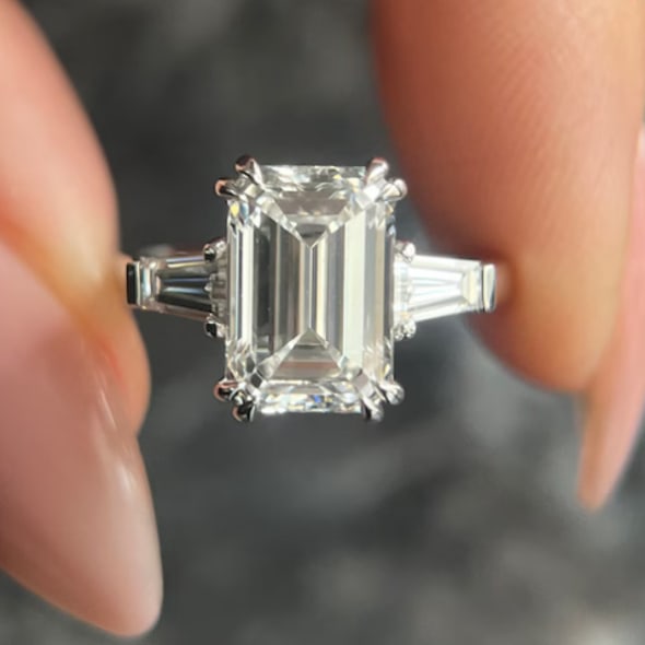 Certified 5.5 Carat Emerald Cut D VVS1 Lab Grown Diamond Engagement Ring 14KT Solid White Gold: Certified 5.5 Carat Emerald Cut D VVS1 Lab Grown Diamond Engagement Ring 14KT Solid White Gold - Ring Size US 6.5 Side stone 0.30 Ct Lab Grown Diamonds Fancy Cut