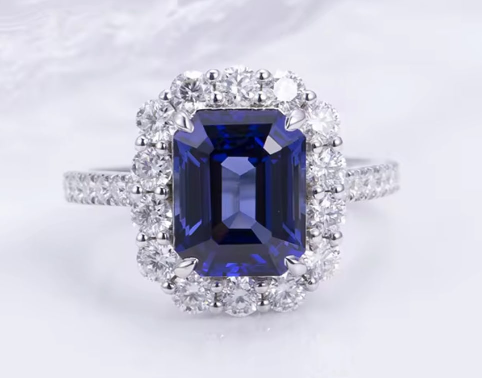 Certified 10 Carat Emerald Cut Lab Grown Sapphire Engagement Ring 14KT Solid White Gold: Certified 10 Carat Emerald Cut Lab Grown Sapphire Engagement Ring 14KT Solid White Gold - Ring Size US 6.5 Side stone 0.70 Ct Lab Grown Diamonds D vs1 Round Cut