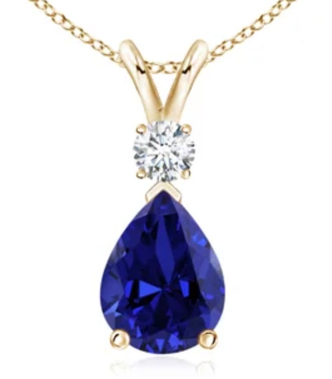 Certified 10 Carat Pear Cut Lab Grown Sapphire & Lab Grown Diamond Penadnt 14KT Solid Yellow Gold: Certified 10 Carat Pear Cut Lab Grown Sapphire & Lab Grown Diamond Penadnt 14KT Solid Yellow Gold - Side stone 0.50 Ct Lab Grown Diamonds D vs1 Round Cut
