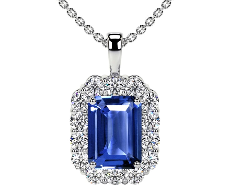 Certified 5.50 Carat Emerald Cut Lab Grown Sapphire Pendant 14KT Solid White Gold: Certified 5.50 Carat Emerald Cut Lab Grown Sapphire Pendant 14KT Solid White Gold - Side stone 0.70 Ct Lab Grown Diamonds D vs1 Round Cut