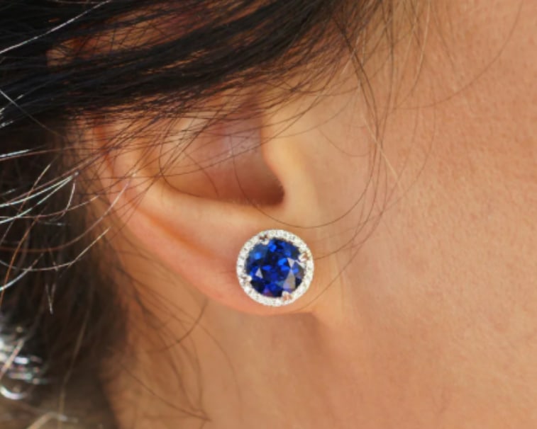 Certified 7 Carat Round Cut Lab Grown Sapphire Earrings 14KT Solid White Gold: Certified 7 Carat Round Cut Lab Grown Sapphire Earrings 14KT Solid White Gold - Side stone 0.50 Ct Lab Grown Diamonds D vs1 Round Cut