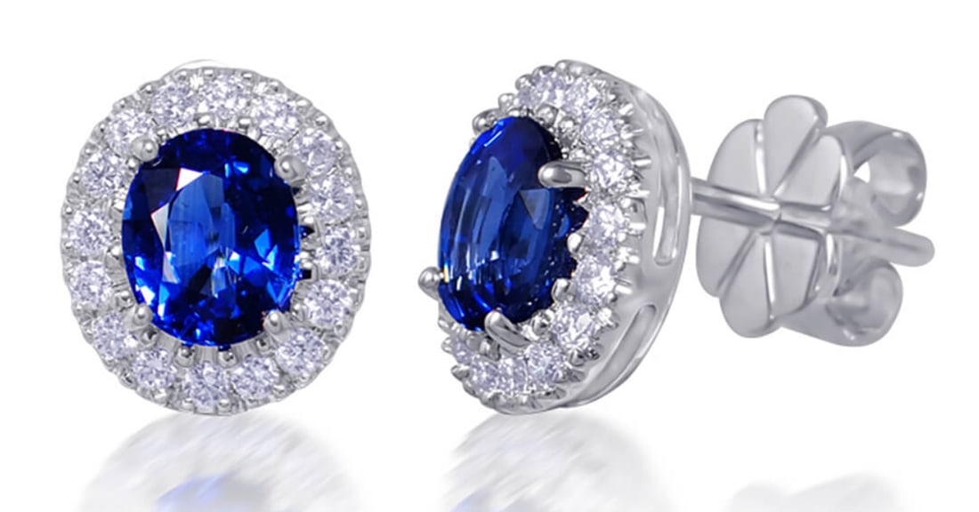Certified 10 Carat Oval Cut Lab Grown Sapphire Earrings 14KT Solid White Gold: Certified 10 Carat Oval Cut Lab Grown Sapphire Earrings 14KT Solid White Gold - Side stone 0.60 Ct Lab Grown Diamonds D vs1 Round Cut