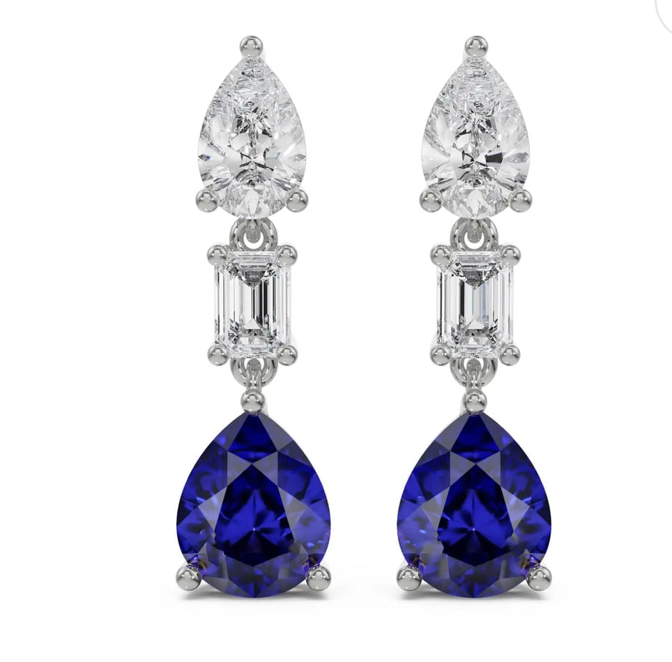 Certified 10 Carat Oval Cut Lab Grown Sapphire & Lab Grown Diamonds Earrings 14KT Solid White Gold: Certified 10 Carat Oval Cut Lab Grown Sapphire & Lab Grown Diamonds Earrings 14KT Solid White Gold - Side stone 3.00 Ct Lab Grown Diamonds D vs1 Fancy Cut