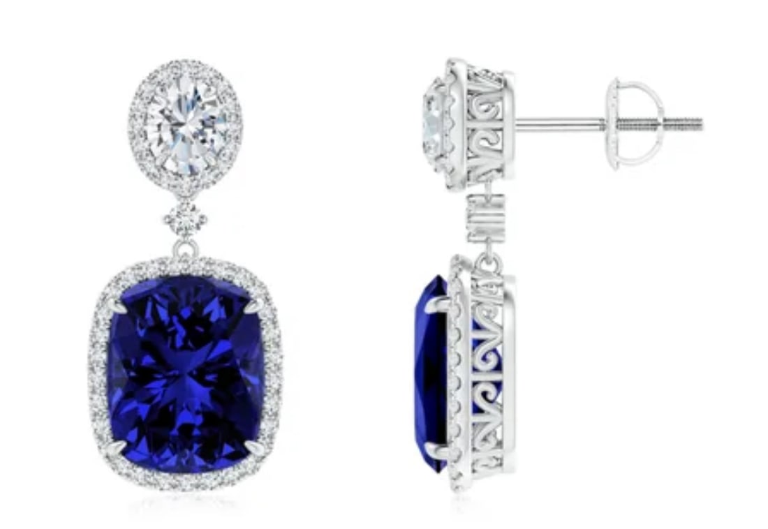 Certified 16 Carat Cushion Cut Lab Grown Sapphire & Lab Grown Diamonds Earrings 14KT Solid White: Certified 16 Carat Cushion Cut Lab Grown Sapphire & Lab Grown Diamonds Earrings 14KT Solid White Gold - Side stone 2.10 Ct Lab Grown Diamonds D vs1 Oval & Round Cut