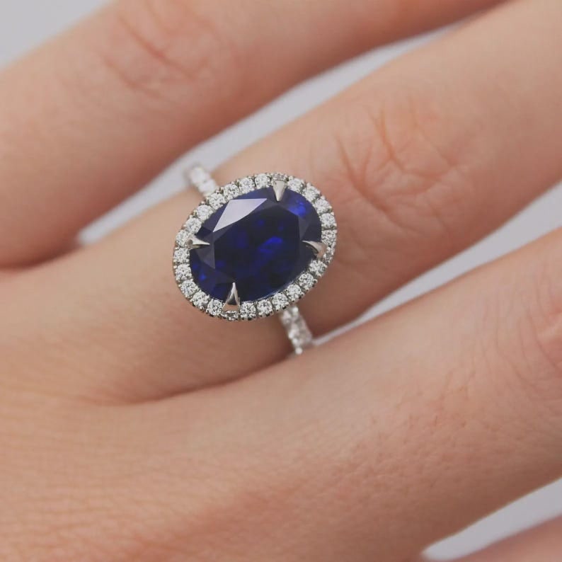 Certified 7.5 Carat Oval Cut Lab Grown Blue Sapphire Engagement Ring 14KT Solid White Gold: Certified 7.5 Carat Oval Cut D VVS1 Lab Grown Blue Sapphire Engagement Ring 14KT Solid White Gold - Ring Size US 6- Side stone 0.40 Ct Lab Grown Diamonds D vs1 - Round