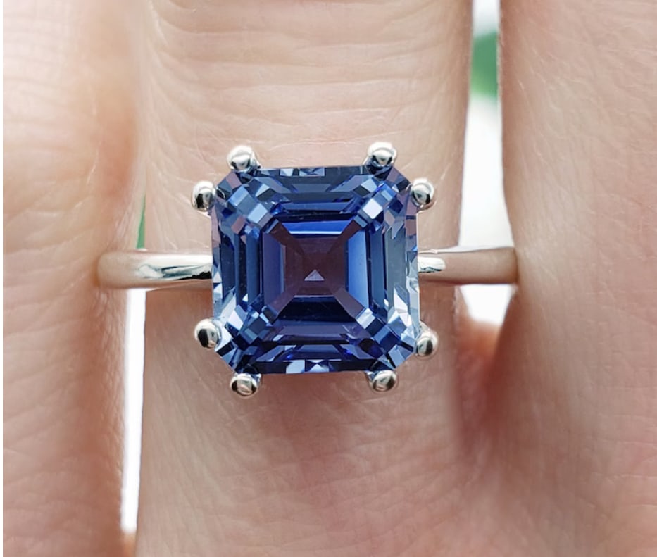 Certified 6 Carat Asscher Cut Lab Grown Blue Sapphire Engagement Ring 14KT Solid White Gold: Certified 6 Carat Asscher Cut Lab Grown Blue Sapphire Engagement Ring 14KT Solid White Gold - Ring Szie US 7