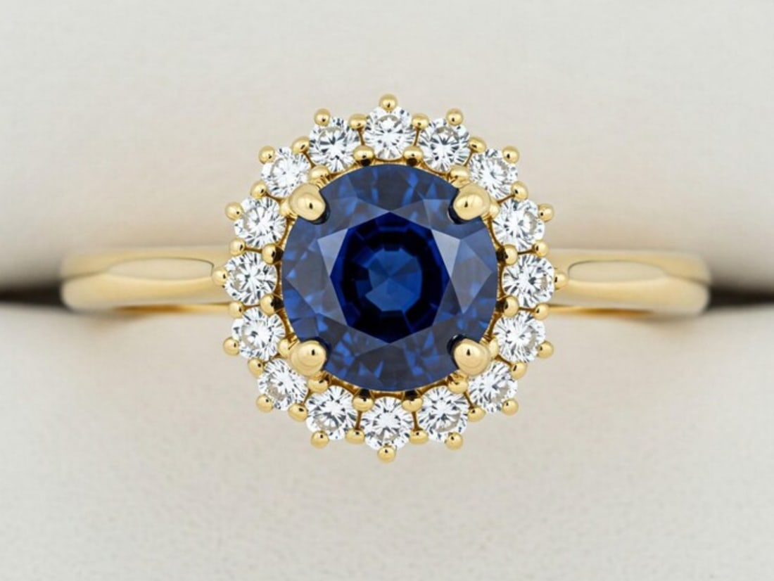 Certified 2 Carat Round Cut Lab Grown Blue Sapphire Engagement Ring 14KT Solid Yellow Gold: Certified 2 Carat Round Cut Lab Grown Blue Sapphire Engagement Ring 14KT Solid Yellow Gold - Ring Size US 6 - Side stone 0.35 Ct Lab Grown Diamonds D vs1 - Round Cut
