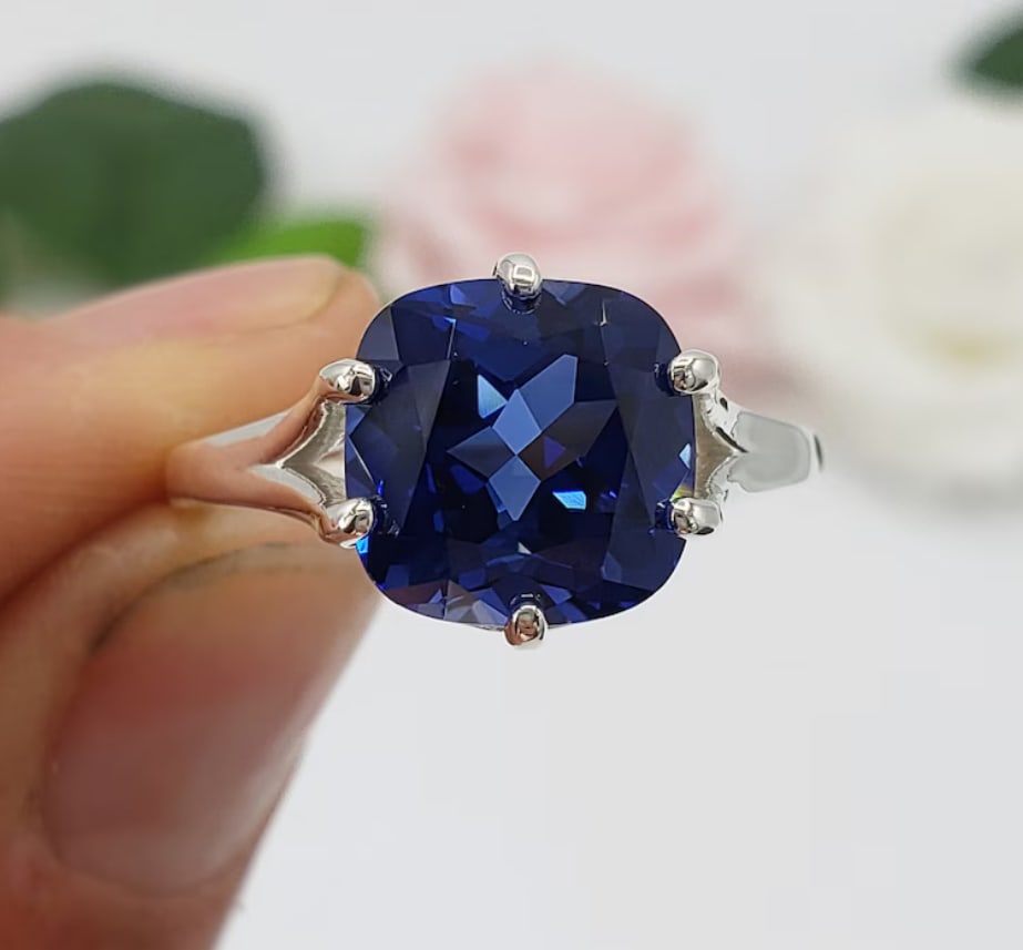 Certified 8.50 Carat Cushion Cut Lab Grown Blue Sapphire Engagement Ring 14KT Solid White Gold: Certified 8.50 Carat Cushion Cut Lab Grown Blue Sapphire Engagement Ring 14KT Solid White Gold - Ring Size US 6