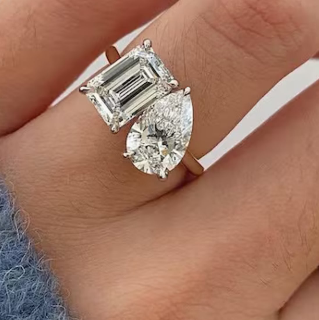 Certified 10 Carat - Pear & Emerald Cut Lab Grown Diamond D VVS1 Engagement Ring 14KT Solid White: Certified 10 Carat - Pear & Emerald Cut Lab Grown Diamond D VVS1 Engagement Ring 14KT Solid White Gold - Ring Size US 6.5