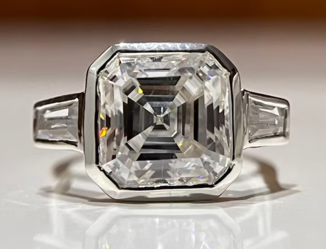 Certified 5.5 Carat - Asscher Cut Lab Grown Diamond D VVS1 Engagement Ring 14KT Solid White Gold: Certified 5.5 Carat - Asscher Cut Lab Grown Diamond D VVS1 Engagement Ring 14KT Solid White Gold - Ring Size US 7 - Side stone 0.60 Ct Lab Grown Diamonds D vs1 - Fancy Cut