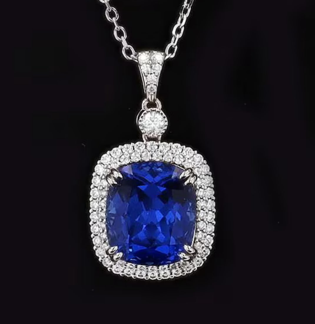 Certified 10 Ct - Cushion Cut Lab Grown Diamond & Lab Grown sapphire D VVS1 Pendant 14KT Solid White: Certified 10 Ct - Cushion Cut Lab Grown Diamond & Lab Grown sapphire D VVS1 Pendant 14KT Solid White Gold - Side stone 0.80 Ct Lab Grown Diamonds D vs1 - Round Cut