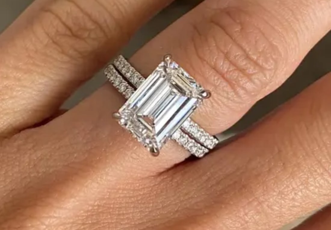 Certified 4 Ct Emerald Cut Lab Grown Diamond D VVS1 Engagement Ring With Band -14KT Solid White Gold (1 of 2)