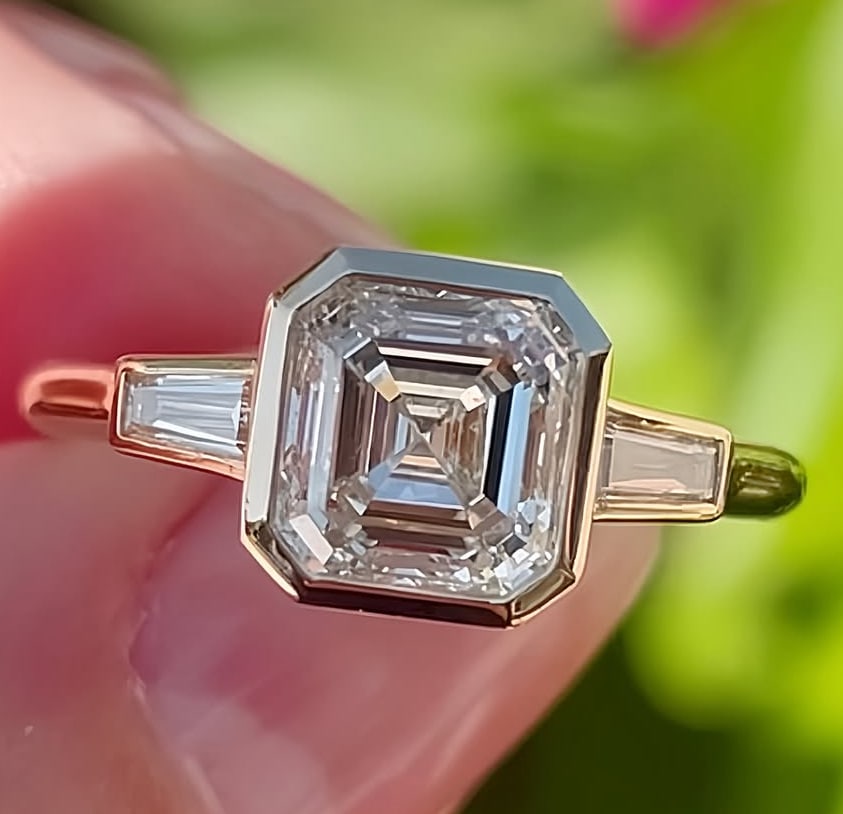 Certified 3 Ct Asscher Cut Lab Grown Diamond D VVS1 Engagement Ring 14KT Solid Yellow Gold -: Certified 3 Ct Asscher Cut Lab Grown Diamond D VVS1 Engagement Ring 14KT Solid Yellow Gold - Ring Szie 7 - Side stone 0.50 Ct Lab Grown Diamonds D vs1 - Fancy Cut