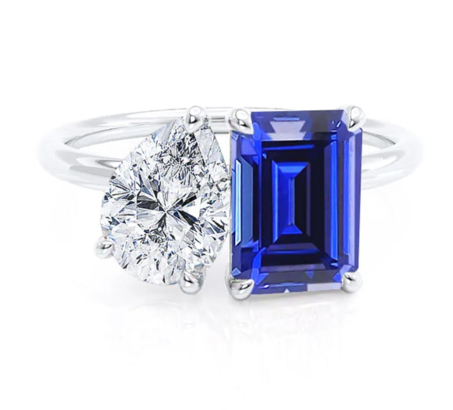 Certified 10 Ct -Emerald Cut Lab Grown Blue Sapphire & Pear Cut Lab Grown Diamond D VVS1: Certified 10 Ct -Emerald Cut Lab Grown Blue Sapphire & Pear Cut Lab Grown Diamond D VVS1 Engagement Ring 14KT Solid White Gold - Ring Size US 6