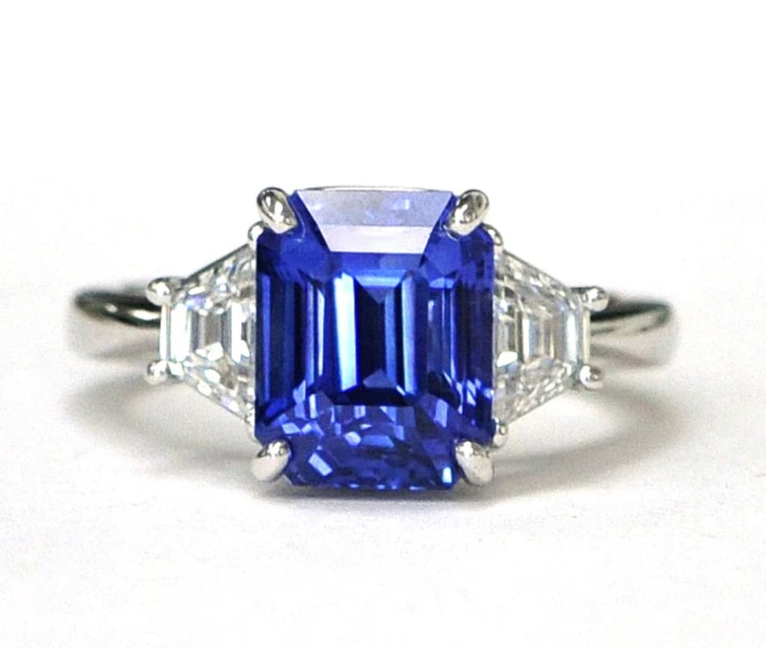 Certified 6.5 Ct -Emerald Cut Lab Grown Blue Sapphire & Lab Grown Diamond D VVS1 Engagement Ring: Certified 6.5 Ct -Emerald Cut Lab Grown Blue Sapphire & Lab Grown Diamond D VVS1 Engagement Ring 14KT Solid White Gold - Ring Size US 7.5 - Side stone 0.60 Ct Lab Grown Diamonds D vs1 - Fancy Cut