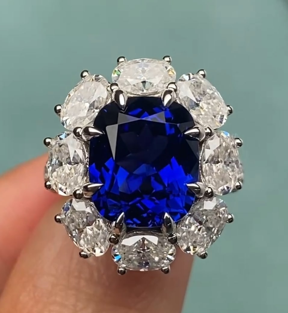 Certified 12 Ct -Long Cushion Cut Lab Grown Blue Sapphire & Lab Grown Diamond D VVS1 Engagement: Certified 12 Ct -Long Cushion Cut Lab Grown Blue Sapphire & Lab Grown Diamond D VVS1 Engagement Ring 14KT Solid White Gold - Ring Sze 6 - Side stone 2 Ct Lab Grown Diamonds D vs1 - Round & Oval Cut