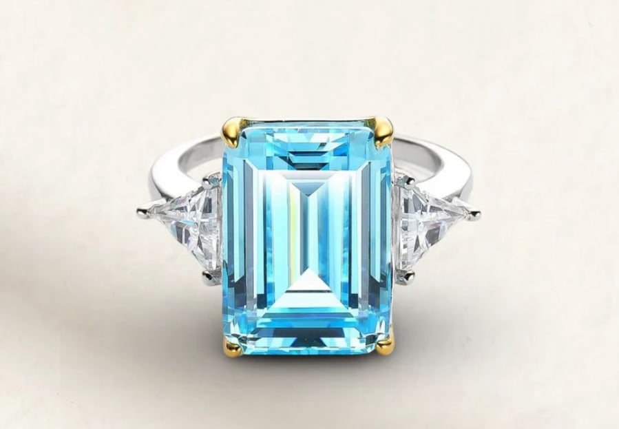 Certified 12 Ct -Emerald Cut Lab Grown Aquamarine & Lab Grown Diamond D VVS1 Engagement Ring 14KT: Certified 12 Ct -Emerald Cut Aquamarine & Lab Grown Diamond D VVS1 Engagement Ring 14KT Solid White Gold - Ring Sze 7 - Side stone 0.80 Ct Lab Grown Diamonds D vs1 - Fancy Cut