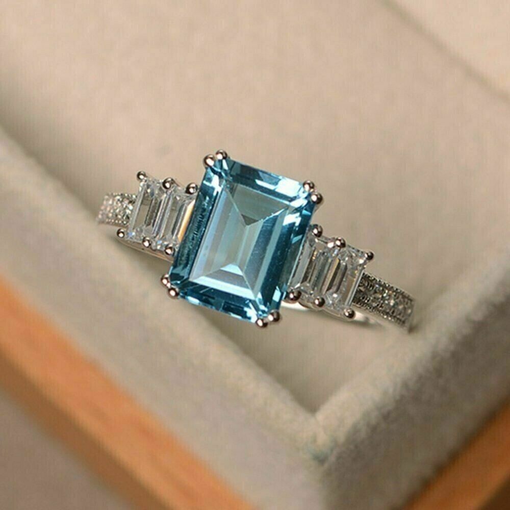 Certified 6.5 Ct -Emerald Cut Lab Grown Aquamarine & Lab Grown Diamond D VVS1 Engagement Ring 14KT: Certified 6.5 Ct -Emerald Cut Aquamarine & Lab Grown Diamond D VVS1 Engagement Ring 14KT Solid White Gold - Ring Sze 7- Side stone 0.70 Ct Lab Grown Diamonds D vs1 - Round & Facny Cut