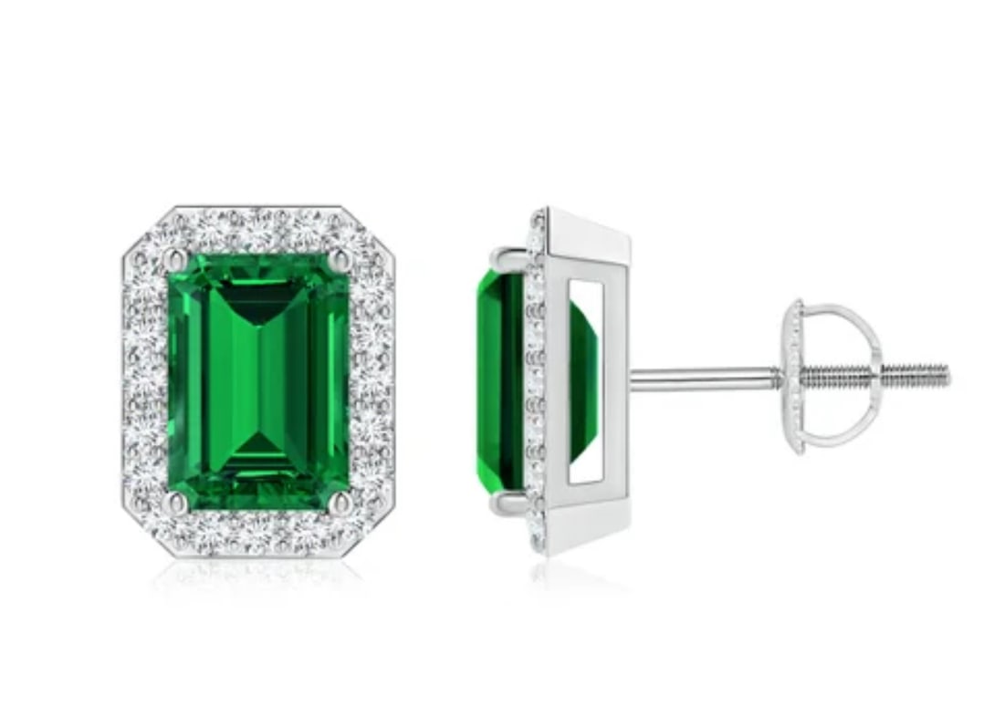 Certified 8 Ct -Emerald Cut Lab Grown Green Emerald & Lab Grown Diamond D VVS1 Earrings 14KT Solid: Certified 8 Ct -Emerald Cut Lab Grown Green Emerald & Lab Grown Diamond D VVS1 Earrings 14KT Solid White Gold - Side stone 0.40 Ct Lab Grown Diamonds D vs1 - Round Cut