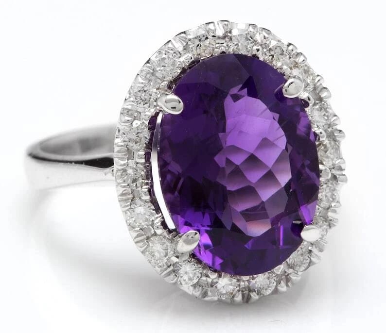 14KT Solid White Gold 10 Carat - Natural amethyst & Natural Diamonds Ring (1 of 4)