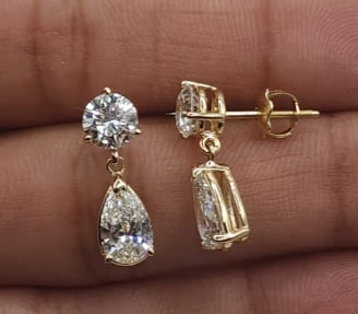 4.00 Carat - 14Kt Solid Yellow Gold D Color VVS1 Lab Grown Diamond Round & Pear Cut Earrings: 4.00 Carat - 14Kt Solid Yellow Gold D Color VVS1 Lab Grown Diamond Round & Pear Cut Earrings