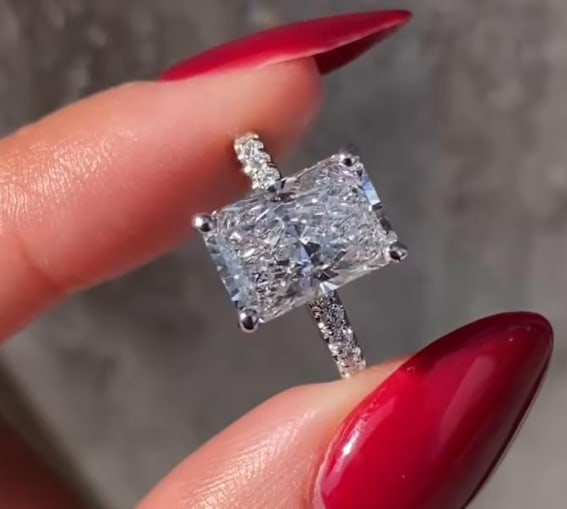 3.5 Carat Radiant Cut VVS D Color Lab Grown Diamond Hidden Halo 14kt Solid White Gold Engagement: 3.5 Carat Radiant Cut VVS1 D Color Lab Grown Diamond Hidden Halo 14kt Solid White Gold Engagement Ring - Side stone Lab Grown Diamonds Round Cut VS1 E Color 0.40 Ct - Ring Size US 6.5