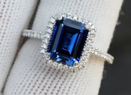 Certified 6.5 Carat Emerald Cut Lab Grown Blue Sapphire Engagement Ring 14KT Solid White Gold: Certified 6.5 Carat Emerald Cut Lab Grown Blue Sapphire Engagement Ring 14KT Solid White Gold - Ring Size US -7 Side stone 0.50 Ct Lab Grown Diamonds Round VS1 E Color
