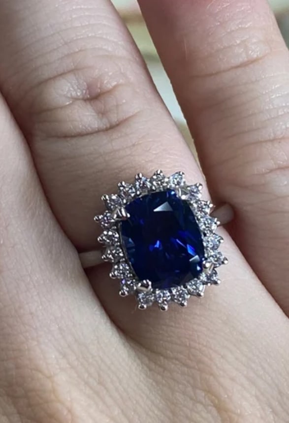 Certified 8.5 Carat long cushion cut Lab Grown Blue Sapphire Engagement Ring 14KT Solid White Gold: Certified 8.5 Carat long cushion cut Lab Grown Blue Sapphire Engagement Ring 14KT Solid White Gold - Ring Size US -6 Side stone 0.60 Ct Lab Grown Diamonds Round VS1 E Color