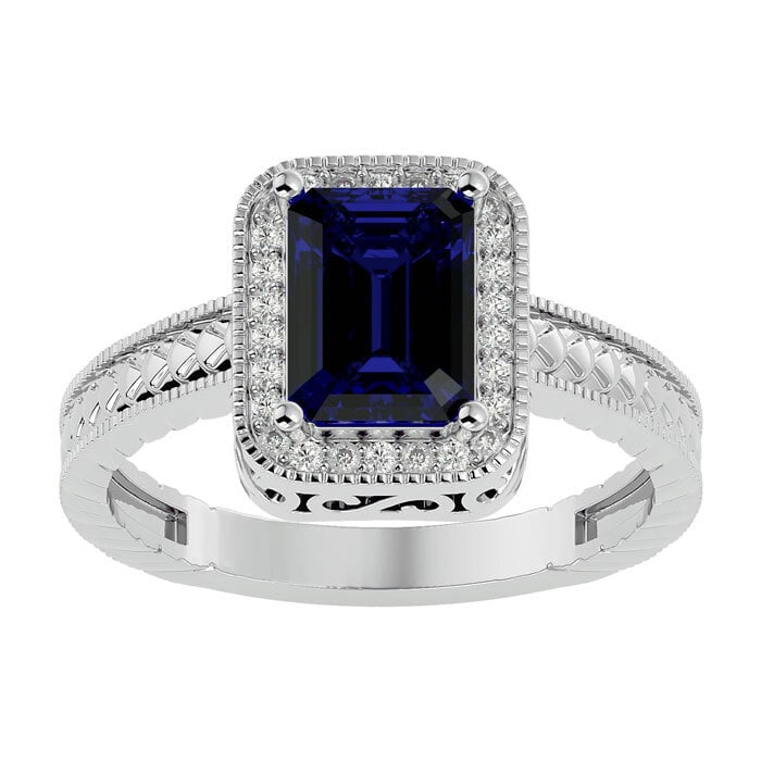 Certified 6 Carat Emerald cut Lab Grown Blue Sapphire Engagement Ring 14KT Solid White Gold: Certified 6 Carat Emerald cut Lab Grown Blue Sapphire Engagement Ring 14KT Solid White Gold - Ring Size US -6 Side stone 0.40 Ct Lab Grown Diamonds Round VS1 E Color