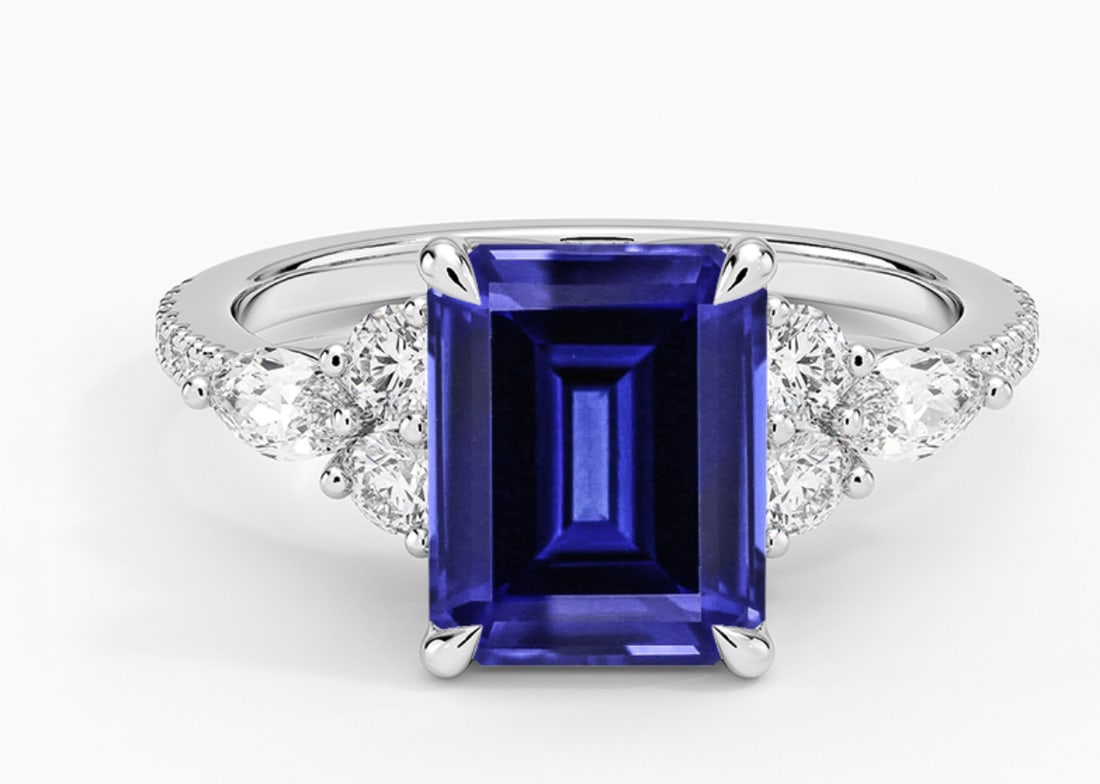 Certified 5 Carat Emerald cut Lab Grown Blue Sapphire Engagement Ring 14KT Solid White Gold: Certified 5 Carat Emerald cut Lab Grown Blue Sapphire Engagement Ring 14KT Solid White Gold - Ring Size US -7 Side stone 0.30 Ct Lab Grown Diamonds Round VS1 E Color