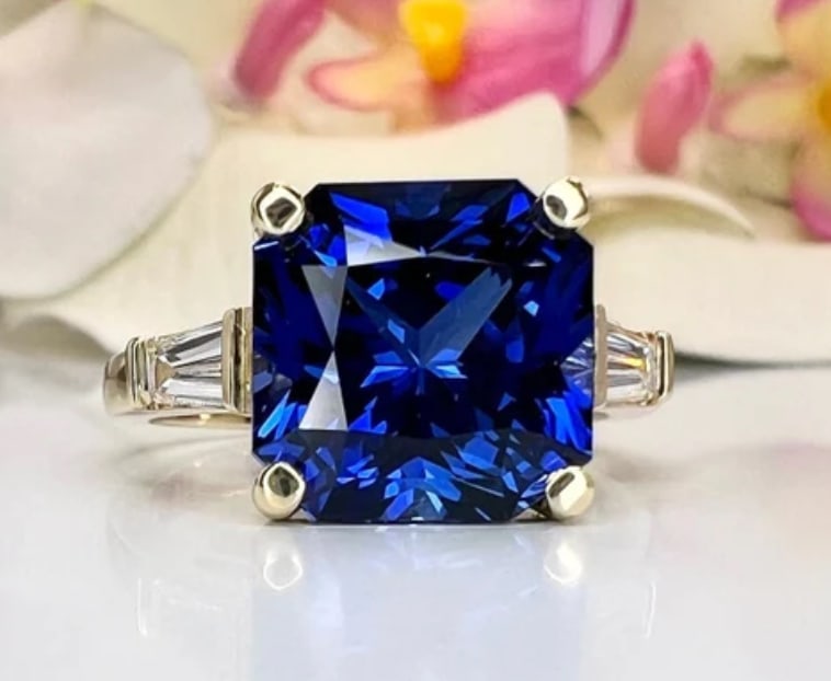 Certified 8.5 Carat Square cut Lab Grown Blue Sapphire Engagement Ring 14KT Solid White Gold: Certified 8.5 Carat Square cut Lab Grown Blue Sapphire Engagement Ring 14KT Solid White Gold - Ring Size US -6 Side stone 0.70 Ct Lab Grown Diamonds Fancy VS1 E Color