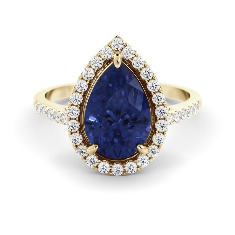 Certified 6.5 Carat Pear Cut Lab Grown Blue Sapphire Engagement Ring 14KT Solid Yellow Gold: Certified 6.5 Carat Pear Cut Lab Grown Blue Sapphire Engagement Ring 14KT Solid Yellow Gold - Ring Size US - 6 Side stone 0.50 Ct Lab Grown Diamonds Round VS1 E Color