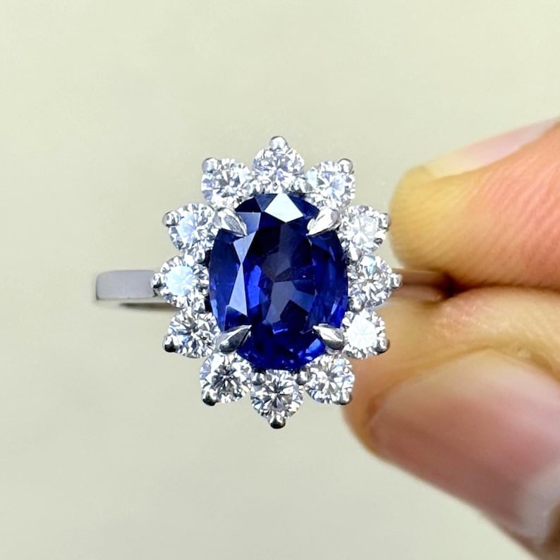 Certified 10 Carat Oval Cut Lab Grown Blue Sapphire Engagement Ring 14KT Solid White Gold: Certified 10 Carat Oval Cut Lab Grown Blue Sapphire Engagement Ring 14KT Solid White Gold - Ring Size US - 7 Side stone 0.80 Ct Lab Grown Diamonds Round VS1 E Color