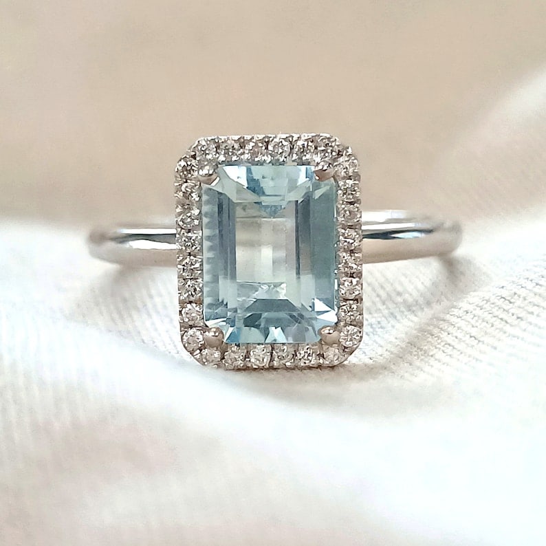 Certified 5 Carat Emerald Cut Lab Grown Aquamarine Engagement Ring 14KT Solid White Gold: Certified 5 Carat Emerald Cut Lab Grown Aquamarine Engagement Ring 14KT Solid White Gold - Ring Size US 6 Side stone 0.50 Ct Lab Grown Diamonds Round VS1 - F Color