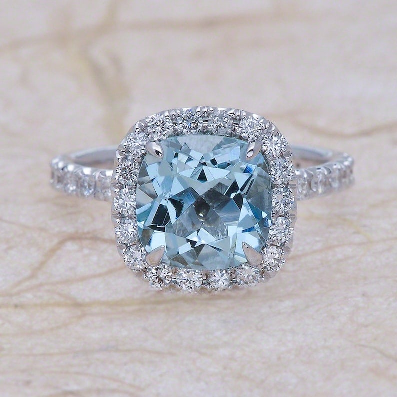 Certified 5 Carat Cushion Cut Lab Grown Aquamarine Engagement Ring 14KT Solid White Gold: Certified 5 Carat Cushion Cut Lab Grown Aquamarine Engagement Ring 14KT Solid White Gold - Ring Size US 7.5 Side stone 0.50 Ct Lab Grown Diamonds Round VS1 - F Color