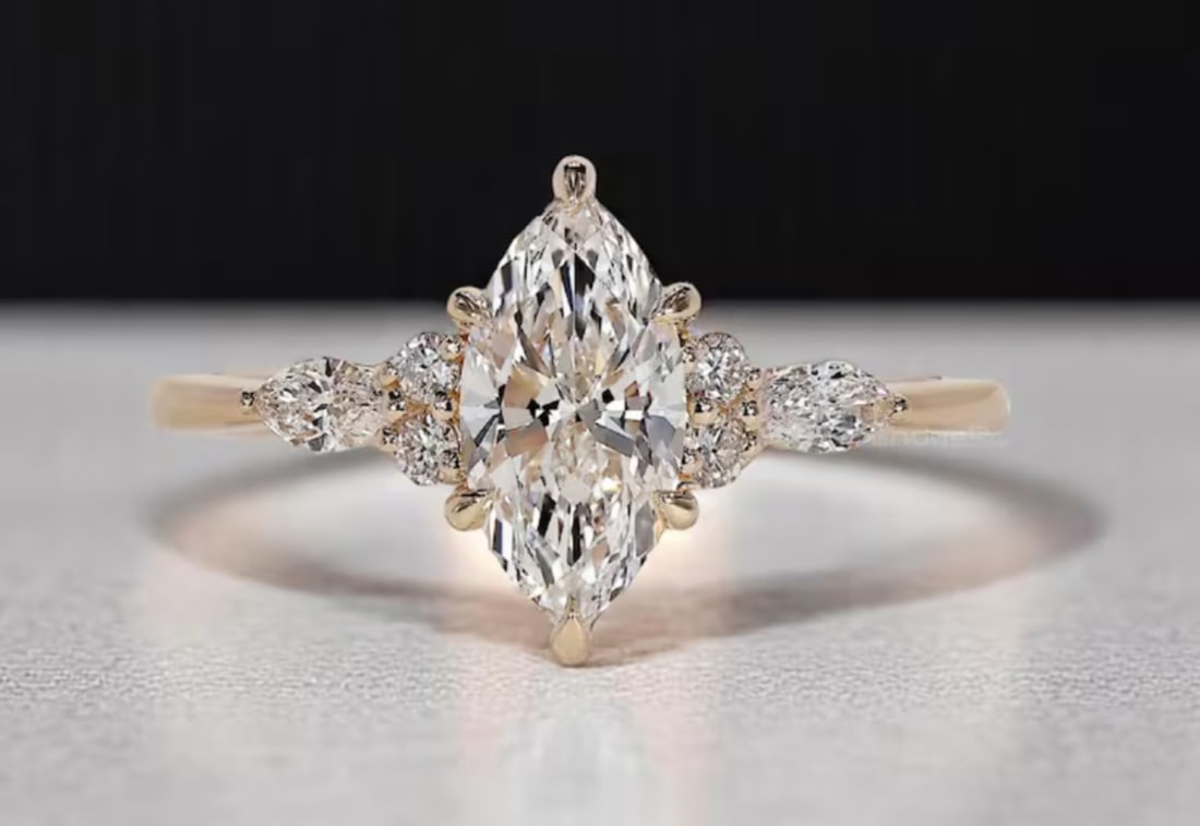Certified 2 Carat Marquise Cut D VVS1 Lab Grown Diamond Engagement Ring 14KT Solid Yellow Gold: Certified 2 Carat Marquise Cut D VVS1 Lab Grown Diamond Engagement Ring 14KT Solid Yellow Gold - Ring Size US 7 Side stone 0.40 Ct Lab Grown Diamonds Round & Marquise