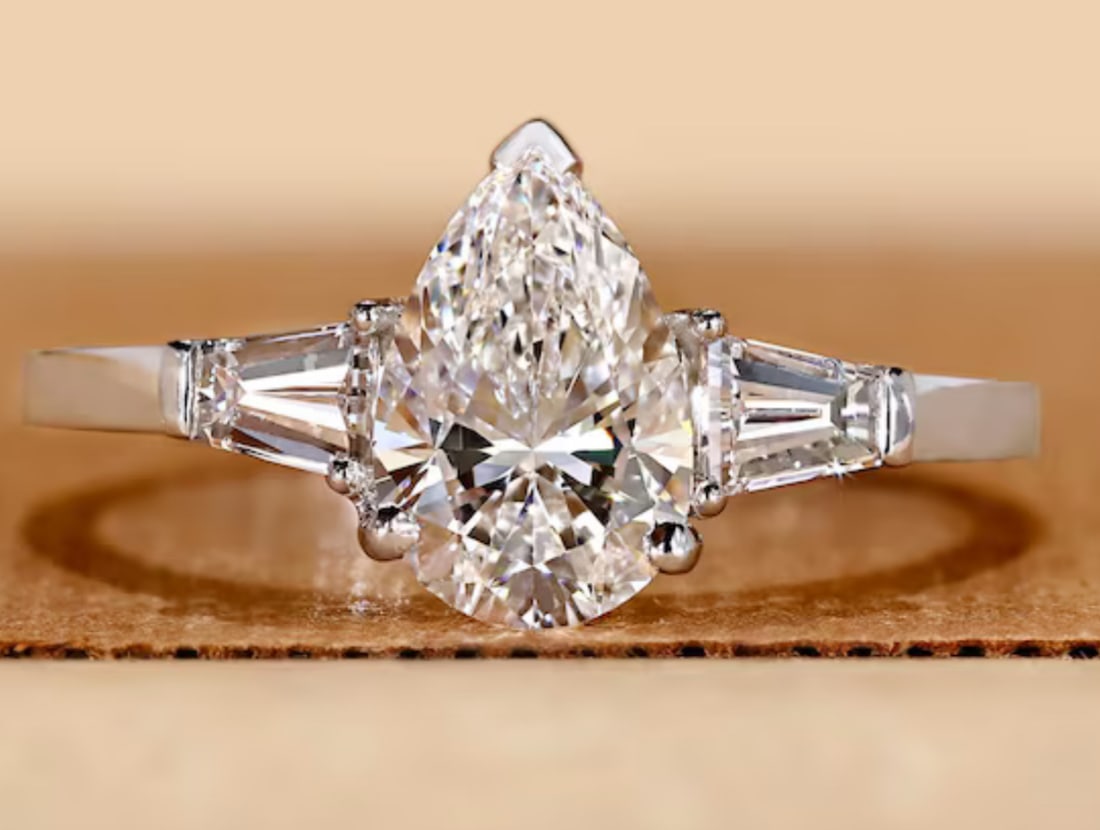 Certified 2.5 Carat Pear Cut D VVS1 Lab Grown Diamond Engagement Ring 14KT Solid White Gold: Certified 2.5 Carat Pear Cut D VVS1 Lab Grown Diamond Engagement Ring 14KT Solid White Gold - Ring Size US 6 - Side stone 0.30 Ct Lab Grown Diamonds Round Cut