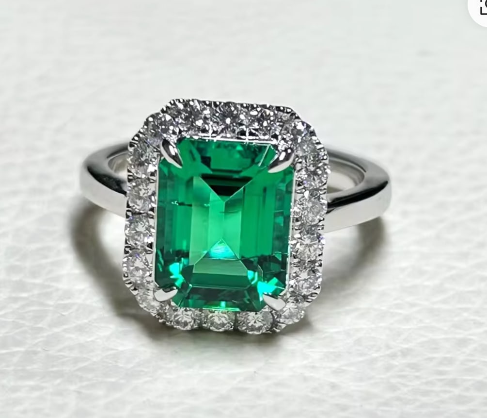 Certified 5.5 Carat Emerald Cut Lab Grown Green Emerald Engagement Ring 14KT Solid White Gold: Certified 5.5 Carat Emerald Cut Lab Grown Green Emerald Engagement Ring 14KT Solid White Gold - Ring Size US 6 - Side stone 0.40 Ct Lab Grown Diamonds D vs1 Round Cut