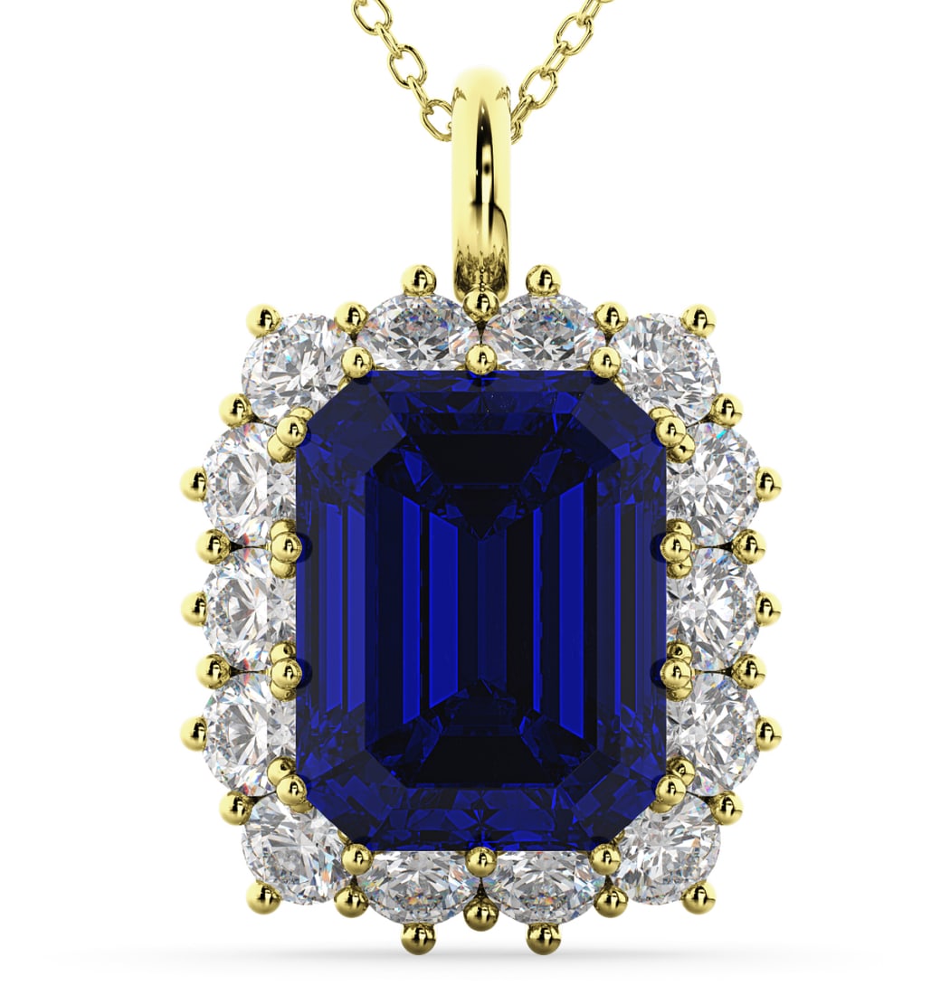 Certified 15 Carat Emerald Cut Lab Grown Sapphire Pendant 14KT Solid Yellow Gold: Certified 15 Carat Emerald Cut Lab Grown Sapphire Pendant 14KT Solid Yellow Gold - Side stone 1.60 Ct Lab Grown Diamonds D vs1 Round Cut