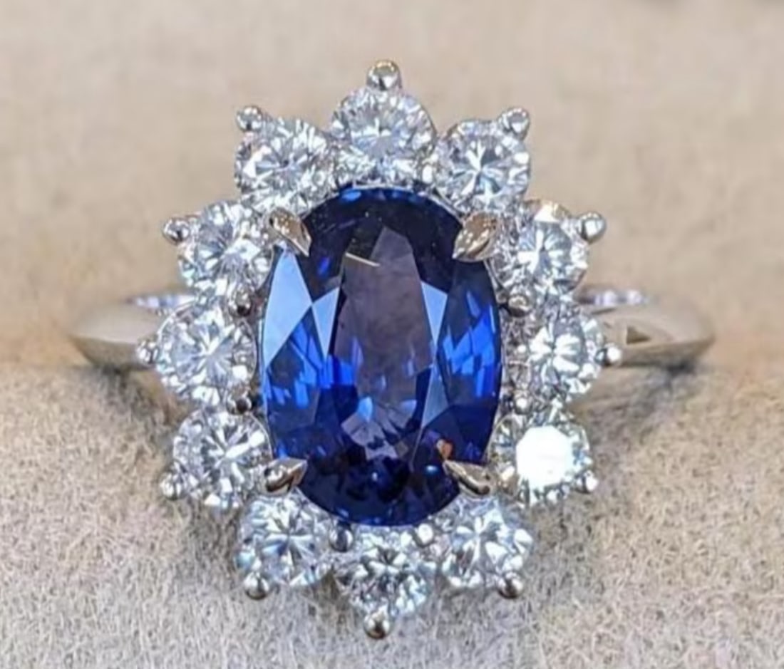 Certified 8.5 Carat Oval Cut Lab Grown Blue Sapphire Engagement Ring 14KT Solid White Gold: Certified 8.5 Carat Oval Cut Lab Grown Blue Sapphire Engagement Ring 14KT Solid White Gold - Ring Size US 6 - Side stone 0.85 Ct Lab Grown Diamonds D vs1 - Round Cut