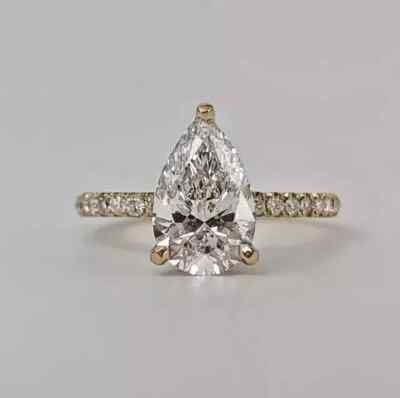 Certified 5 Ct Pear Cut Lab Grown Diamond D VVS1 Engagement Ring 14KT Solid Yellow Gold: Certified 5 Ct Pear Cut Lab Grown Diamond D VVS1 Engagement Ring 14KT Solid Yellow Gold - Ring Size US 7 - Side stone 0.20 Ct Lab Grown Diamonds D vs1 - Round Cut