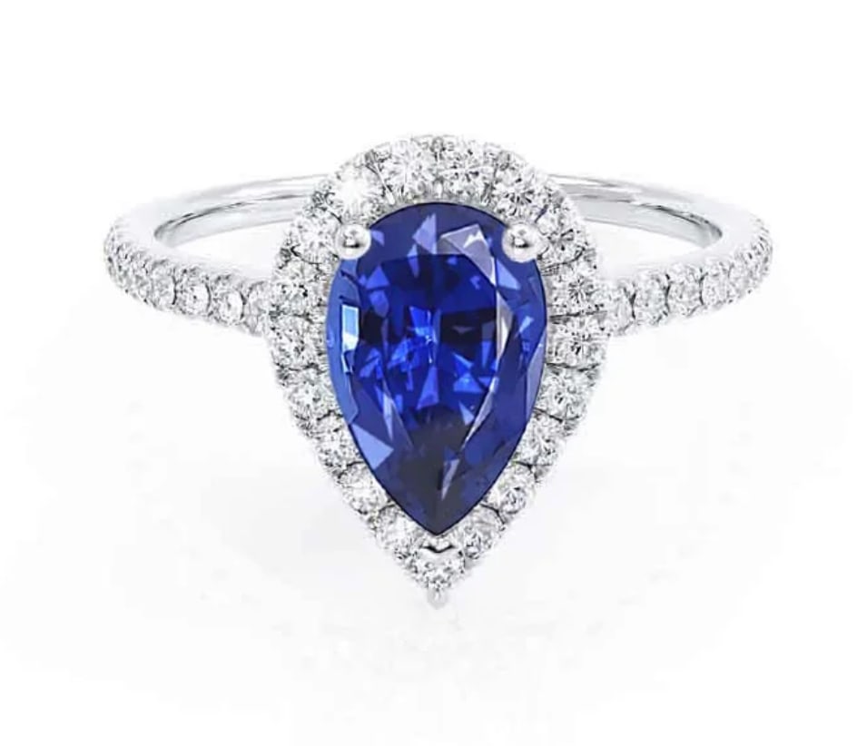 Certified 4 Ct -Pear Cut Lab Grown Blue Sapphire & Lab Grown Diamond D VVS1 Engagement Ring 14KT (1 of 3)