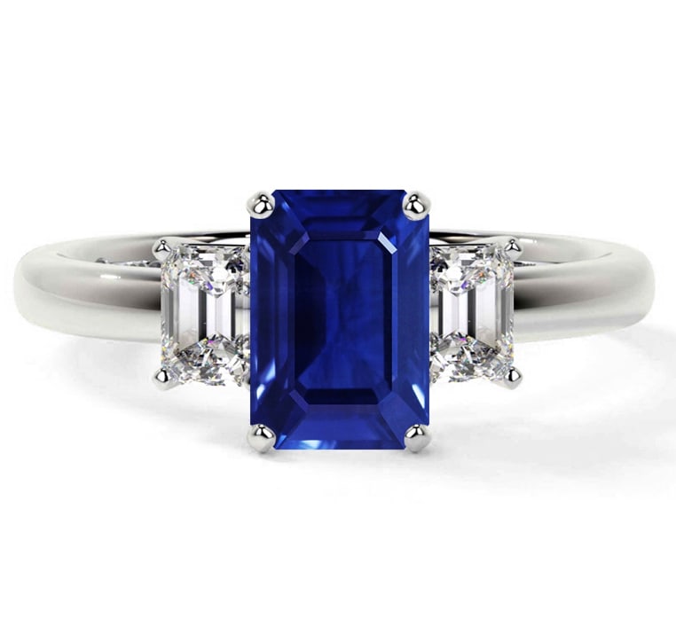 Certified 4 Ct Emerald Cut Lab Grown Blue Sapphire & Lab Grown Diamond D VVS1 Engagement Ring 14KT: Certified 4 Ct Emerald Cut Lab Grown Blue Sapphire & Lab Grown Diamond D VVS1 Engagement Ring 14KT Solid White Gold - Ring Sze 6.5 - Side stone 0.50 Ct Lab Grown Diamonds D vs1 - Fancy Cut