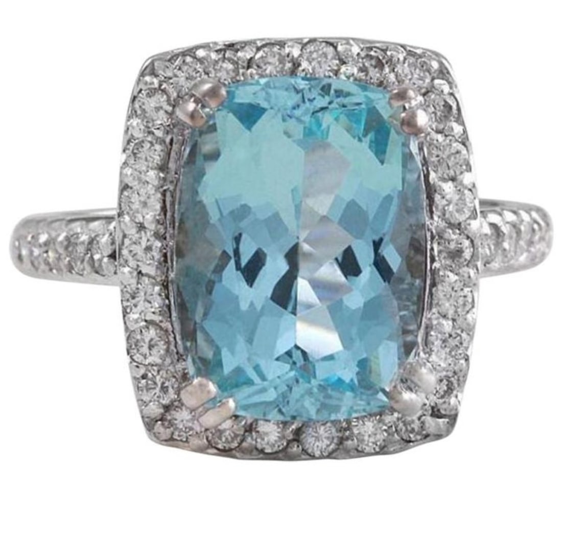Certified 12 Ct -Long Cushion Cut Lab Grown Aquamarine & Lab Grown Diamond D VVS1 Engagement Ring: Certified 12 Ct -Long Cushion Cut Aquamarine & Lab Grown Diamond D VVS1 Engagement Ring 14KT Solid White Gold - Ring Sze 6- Side stone 0.80 Ct Lab Grown Diamonds D vs1 - Round Cut