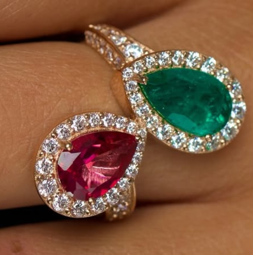 Certified 10 Ct - Emerald Cut - Pear Cut - Lab Grown Ruby - Lab Grown Green Emearld & Lab Grown: Certified 10 Ct - Emerald Cut - Pear Cut - Lab Grown Ruby - Lab Grown Green Emearld & Lab Grown Diamond D VVS1 Engagement Ring 14KT Solid White Gold - Ring Size US - 7